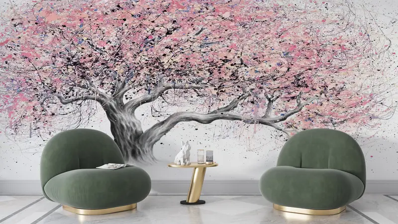 Pink Tree Painting Print,3d Wall Paper,Custom Wall Paper,Wall Paper Peel and Stick,Pink Leaves Wall Paper,Modern Tree Wall Decor, - 1