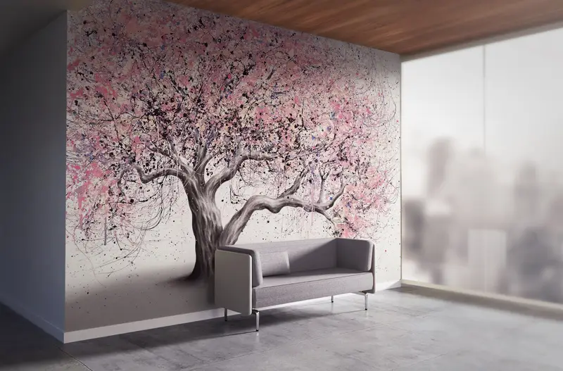 Pink Tree Painting Print,3d Wall Paper,Custom Wall Paper,Wall Paper Peel and Stick,Pink Leaves Wall Paper,Modern Tree Wall Decor, - 3