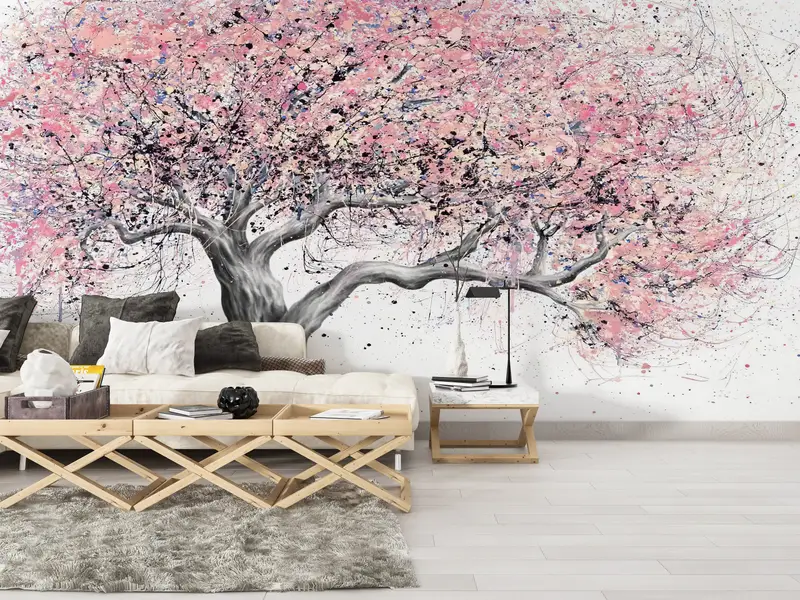 Pink Tree Painting Print,3d Wall Paper,Custom Wall Paper,Wall Paper Peel and Stick,Pink Leaves Wall Paper,Modern Tree Wall Decor, - 2