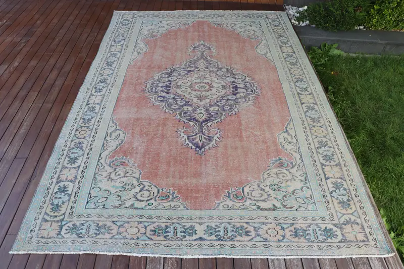 Handmade Red & Blue Rug, 0,6x10,3 ft Botanical Design