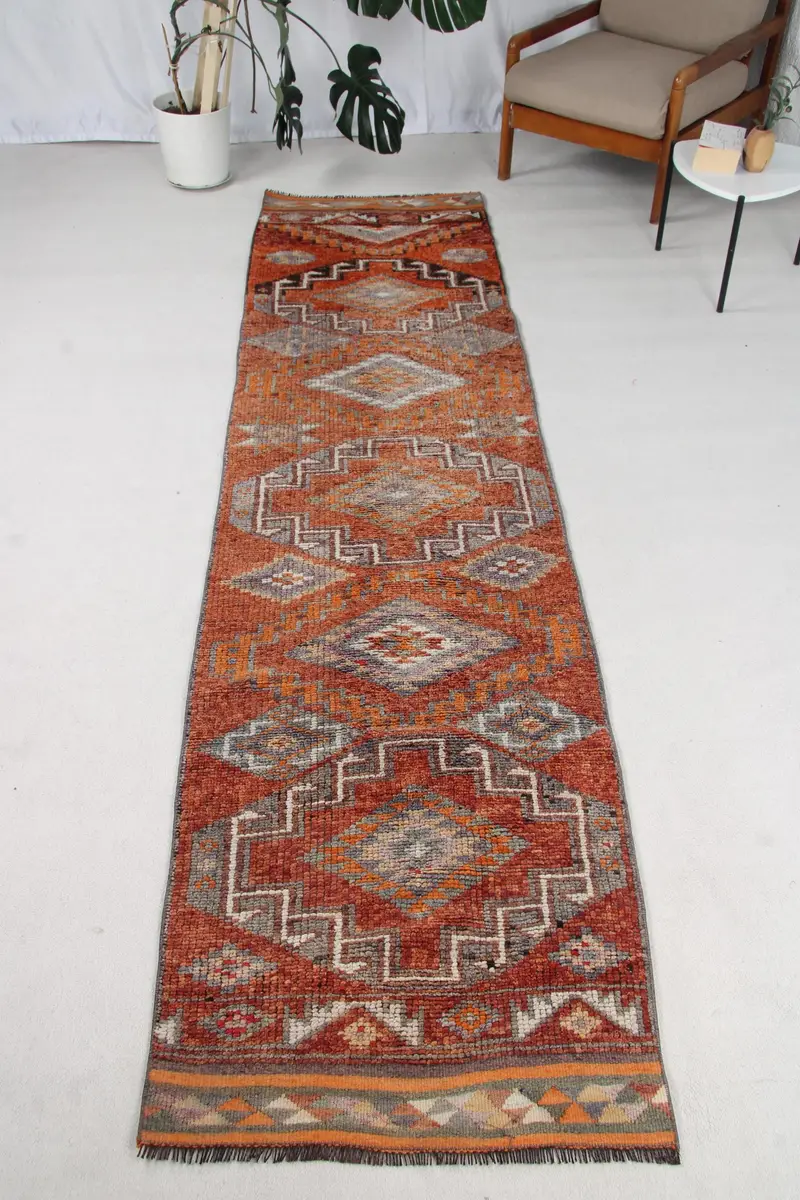 2.6x11.2 ft Halı, Türk Vintage Yolluk Halısı, Turuncu Herki Yün Halı - 1