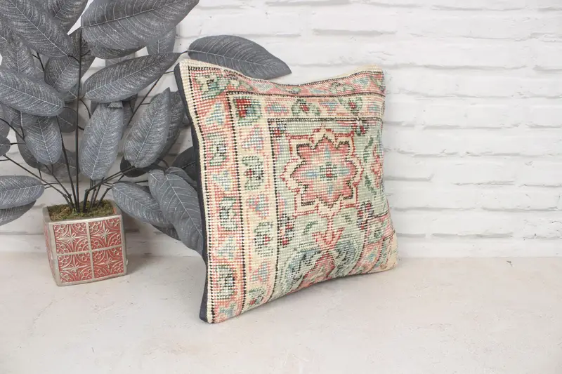 Cushion Cover, Vintage Kilim Pillow, Gift Pillow, Retro Throw Pillow, 14x14 Red Pillow, Bright Pillow Sham, Boho Pillow Sham Cover - 3