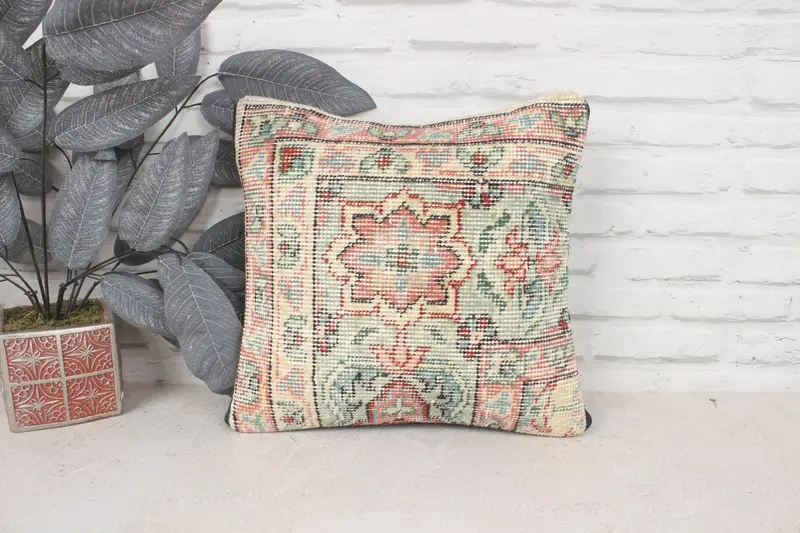 Cushion Cover, Vintage Kilim Pillow, Gift Pillow, Retro Throw Pillow, 14x14 Red Pillow, Bright Pillow Sham, Boho Pillow Sham Cover - 1