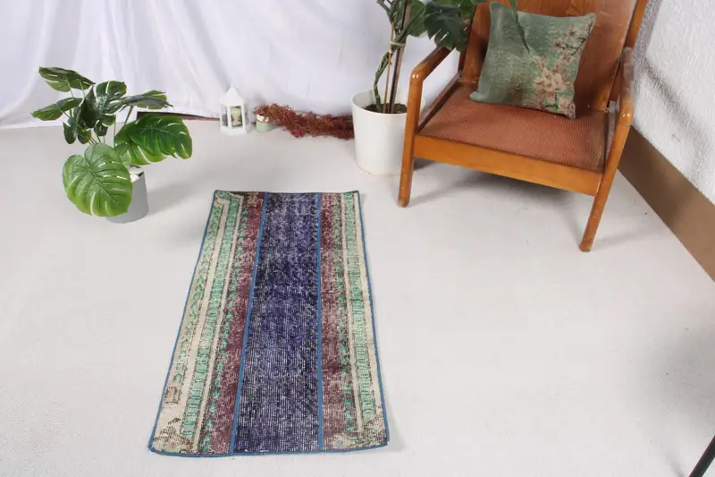 1.7x3.6 ft Vintage Oushak Halı, Mavi İkat Türk Yün Halısı - 1