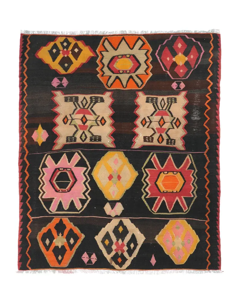 Siyah Gökkuşağı Ikat Halı, 5,8x6,7 ft Şık Dekor