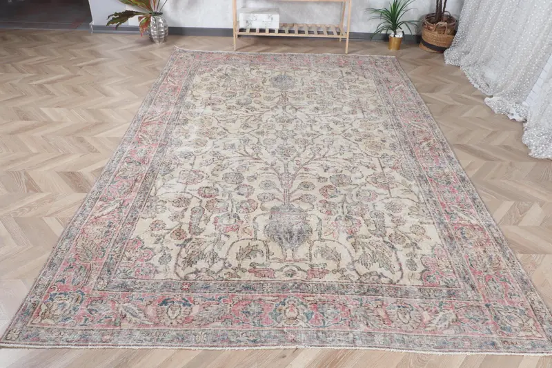 ハンドメイド ベージュ & ブルー アニマル プリント ラグ、5.4x9.8 フィート