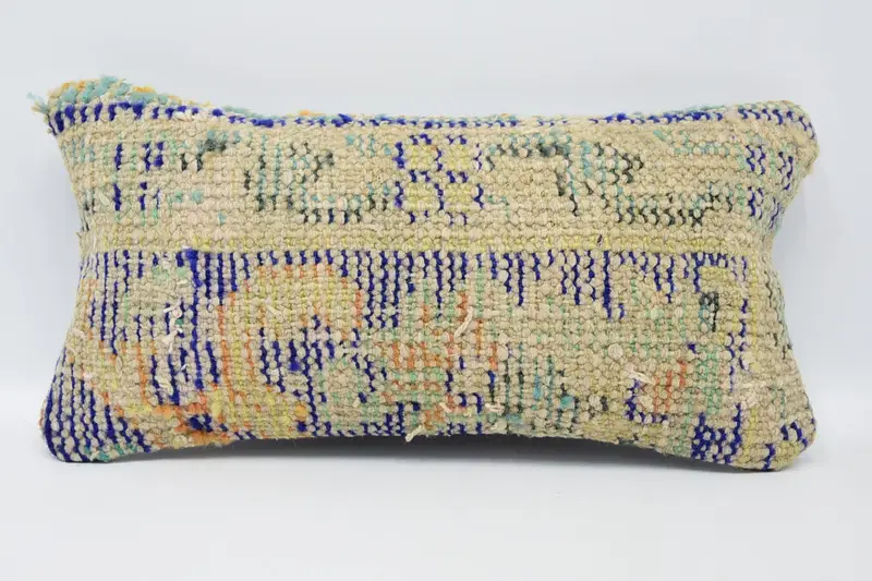 Vintage Wool Blue Pillow Case, Moroccan Rectangle 8x16 inch Euro Sham - 1
