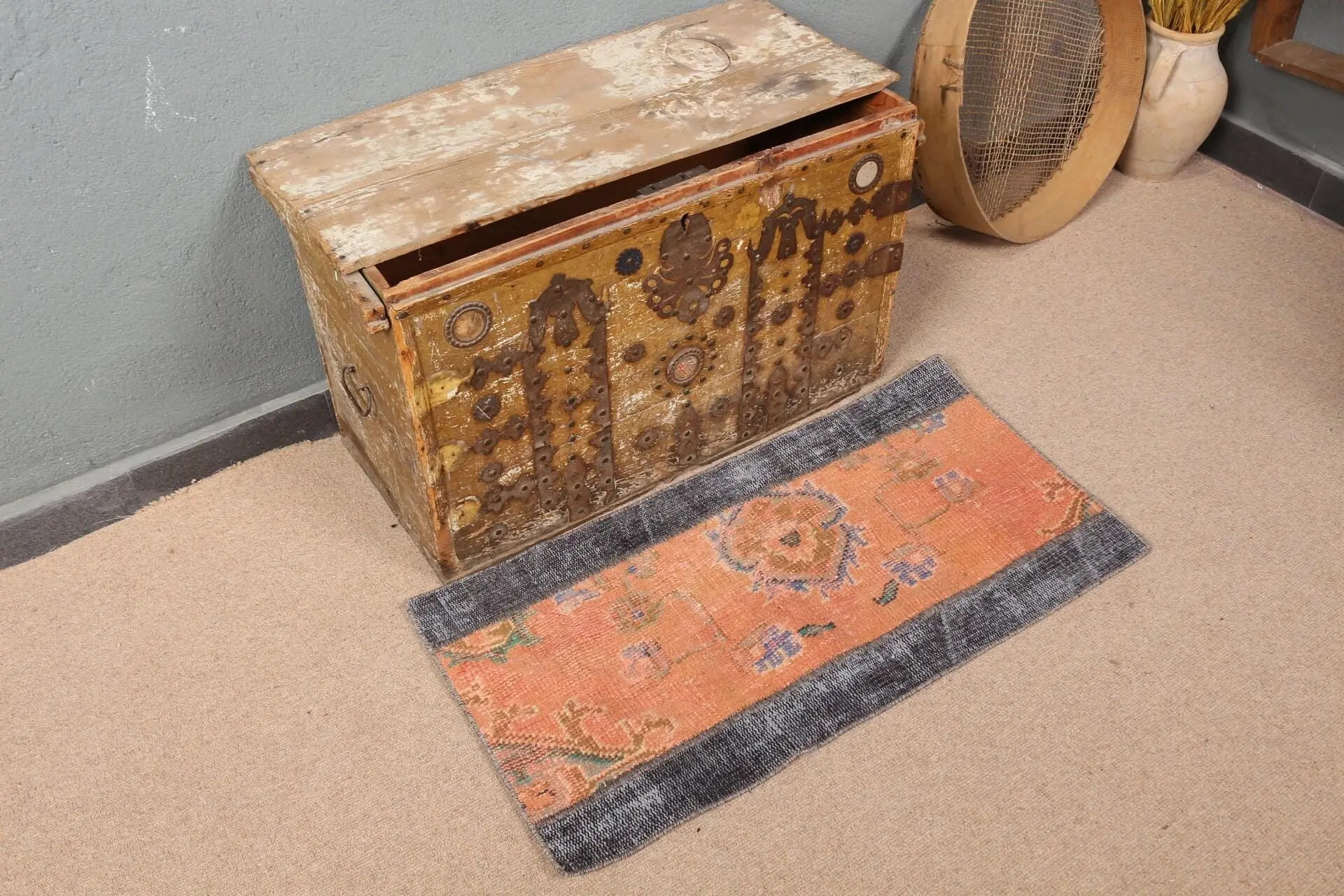 Turkish 1.6x3.2 ft Rug, Vintage Small Rug, Orange Check Rug - 1