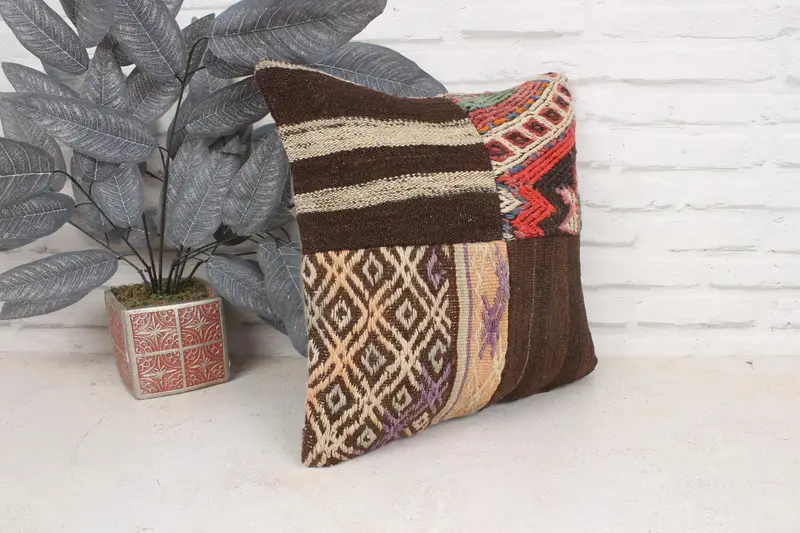 Pillow Cover, 16x16 Brown Pillow Sham, Vintage Pillow, Turkish Pillow, Boho Pillow Sham Cover, Turkish Kilim Pillow, Oriental Pillow - 3
