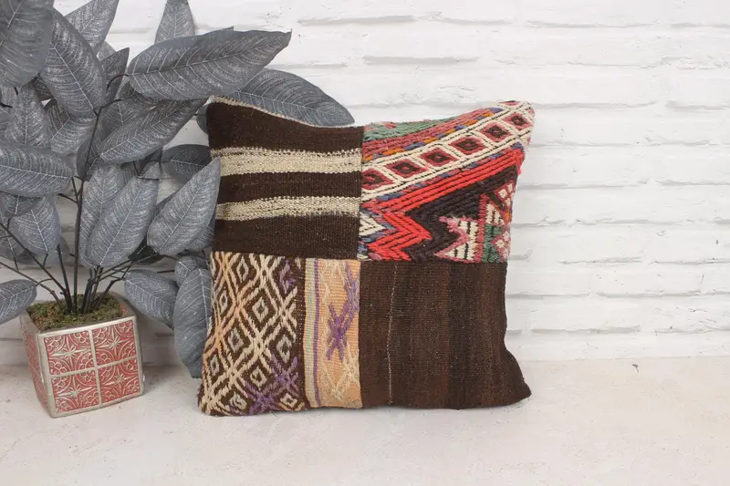 Pillow Cover, 16x16 Brown Pillow Sham, Vintage Pillow, Turkish Pillow, Boho Pillow Sham Cover, Turkish Kilim Pillow, Oriental Pillow - 1