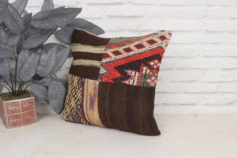 Pillow Cover, 16x16 Brown Pillow Sham, Vintage Pillow, Turkish Pillow, Boho Pillow Sham Cover, Turkish Kilim Pillow, Oriental Pillow - 4