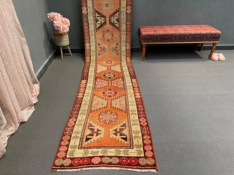 Vintage Turkish Rug 2.6x12.8 ft, Red Herki Ikat Rug - 1