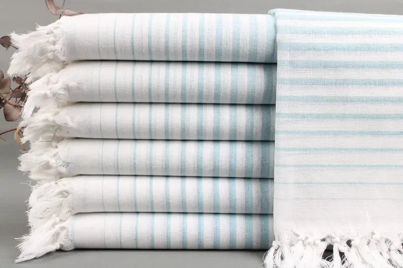 Beach Towel Striped Turquoise, Turkish Cotton, 40x69 Inches