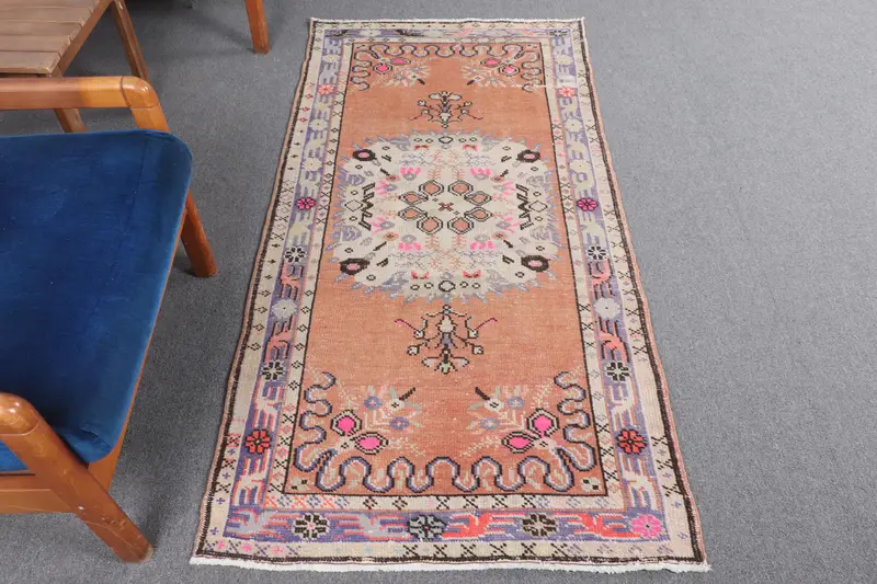 Türkischer Vintage-Oushak-Akzentteppich 2,8 x 5,6 Fuß, orangefarbener Tarnteppich aus Wolle - 1