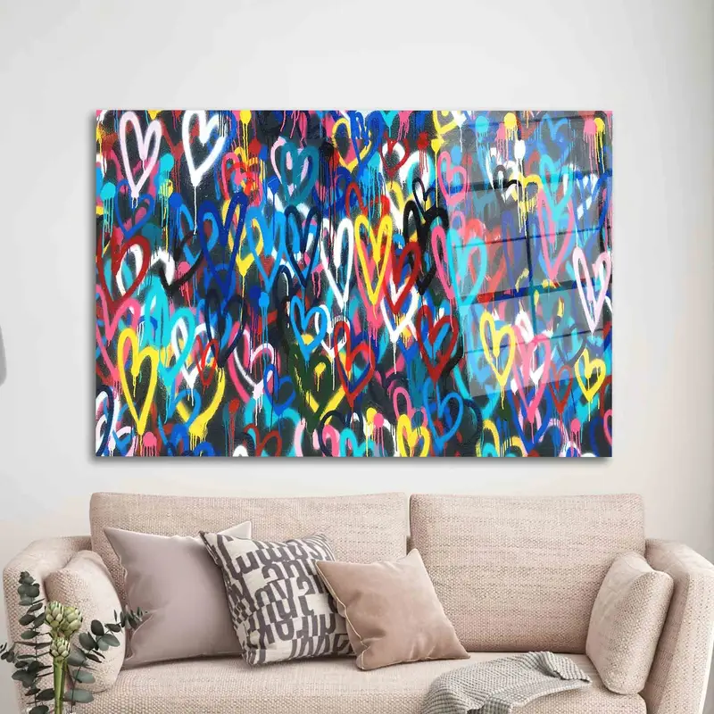 Elegant Printed Glass: Love, Heart, Colorful Banksy Hearts Design