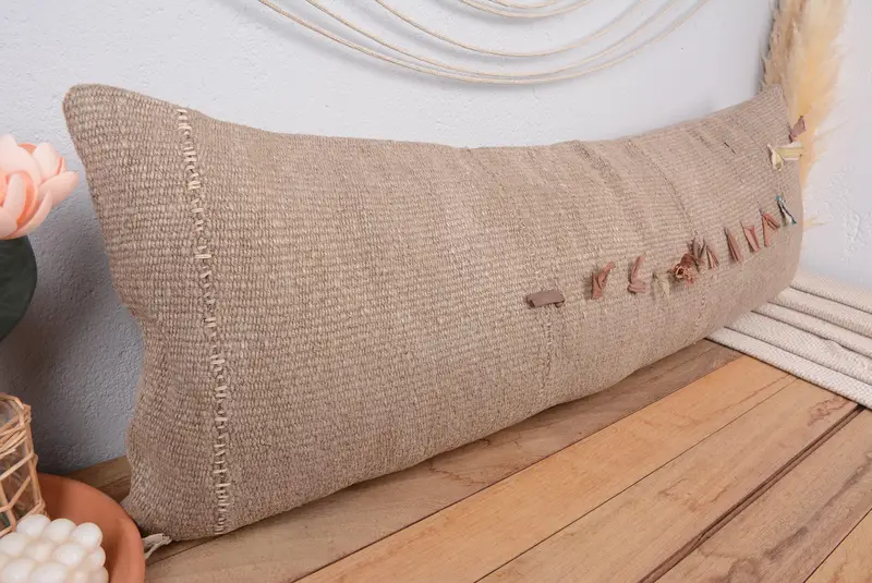 El Yapımı Nakışlı Keten Kırlent, Vintage Patchwork Yastık