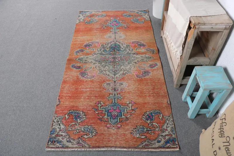 Alfombra vibrante de 3 x 6 pies, diseño floral geométrico en naranja y azul