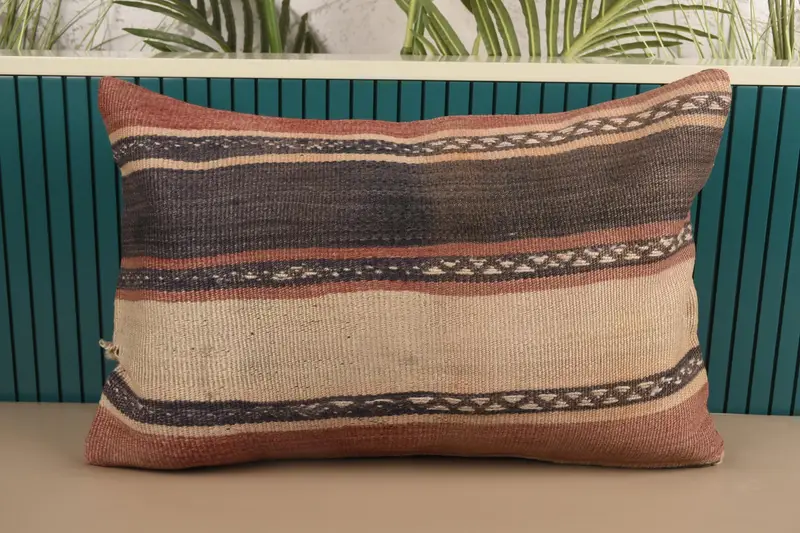 Woven Turkish Antique Pillow Case, 16x24 inch Striped Beige Cushion Case - 1