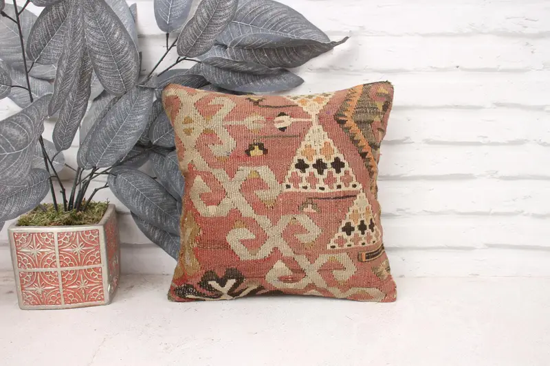 Pillow Sham, Vintage Pillow, Boho Pillow, Armchair Pillow Case, Accent Pillow, 12x12 Brown Pillow Cover, Vintage Kilim Throw Pillow - 1