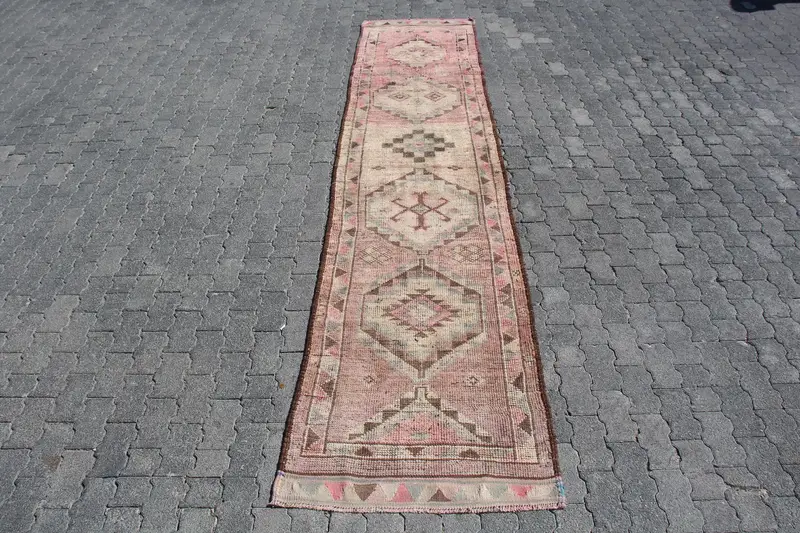 Vintage 2.9x12 ft Runner Halı, Türk Halısı, Herki Kahverengi Masif Halı - 1