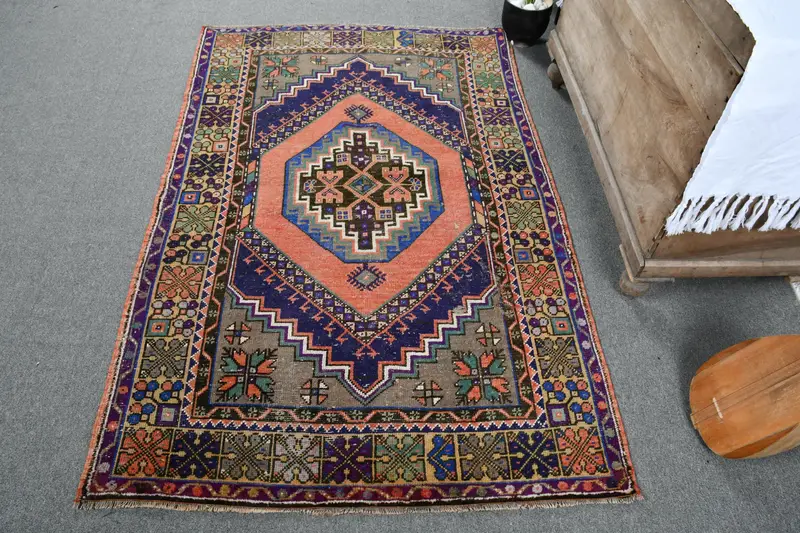 パープル & オレンジ ラグ、3.7x5.9 フィート ボタニカル デザイン