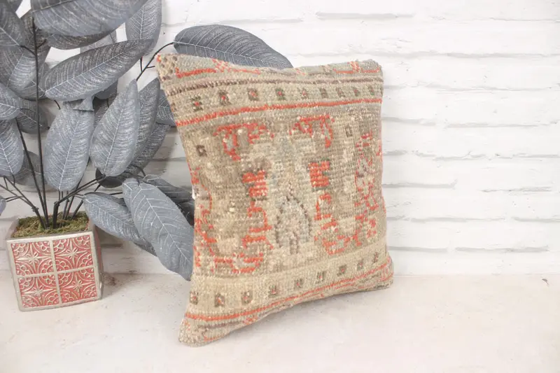 Pillow for Sofa, Vintage Kilim Throw Pillow, Cushion Cover, 14x14 Orange Pillow Cover, Southwestern Cushion Cover, Vintage Kilim Pillow - 3