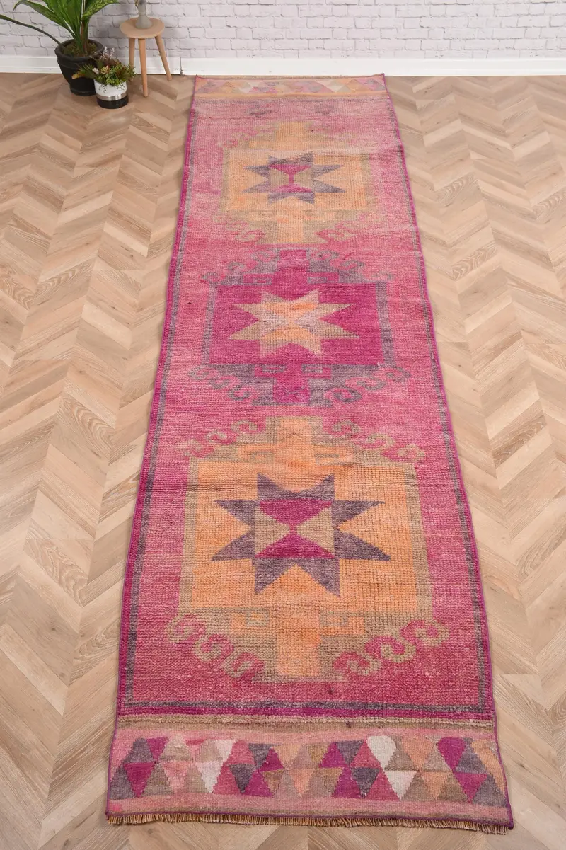 Turkish Vintage Rug, 3x11.5 ft Runner Rug, Pink Orange Animal Print Rug - 1