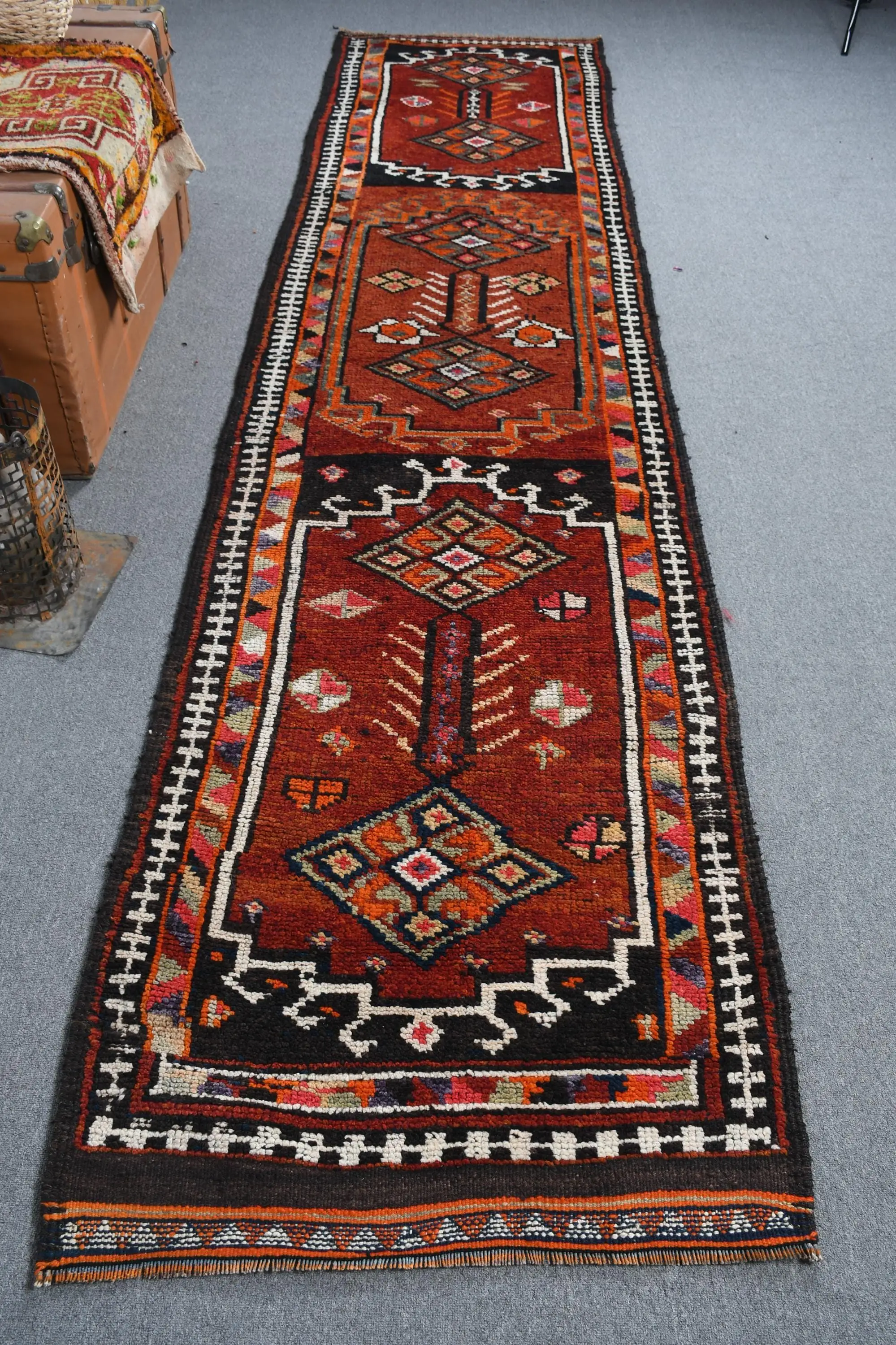 Vintage Runner Rug 2.8x12.3 ft, Turkish Herki Red Floral Wool Rug - 1
