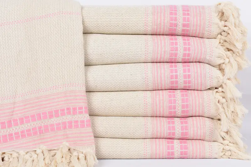 Personalized Pink Striped Throw, 95x93 Inches, Embroidered Natural Linen Blanket