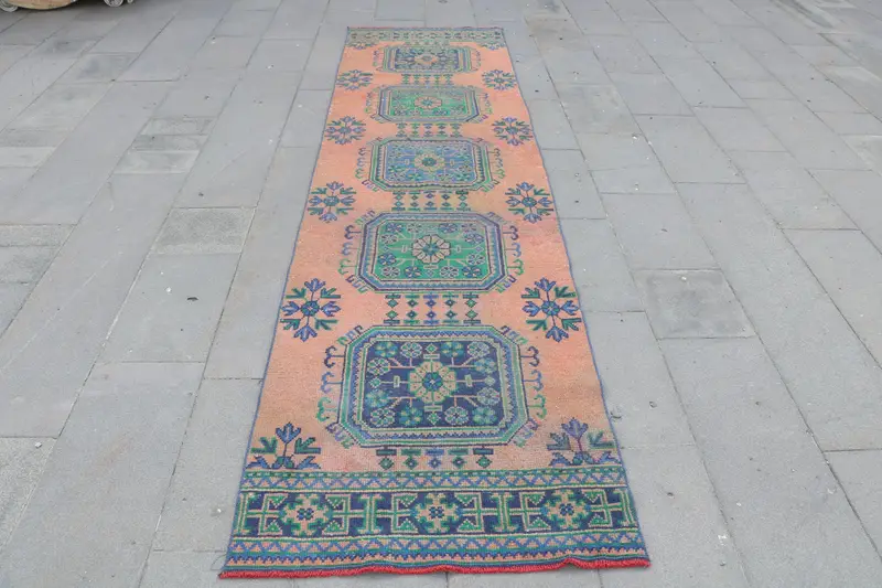 2.9x11 ft Halı, Türk Vintage Halısı, Oushak Turuncu Fas Halısı - 1