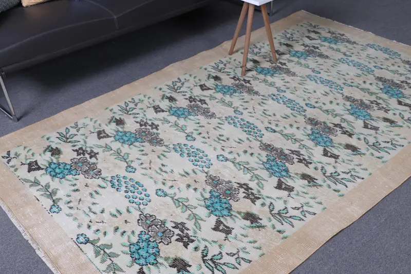 Vintage Türk Halısı, 4.7x8.3 ft Alan Halısı, Mavi Kahverengi Ombré Halı - 1