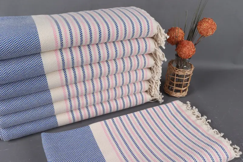 Turkish Beach Towel Pink-Sax Blue Geometric 40x71 Inches Organic Cotton