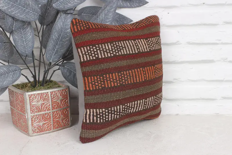 Kilim Cushion Sham, Retro Throw Cushion Cover, Vintage Kilim Throw Pillow, Boho Pillow Sham Cover, 12x12 Red Pillow Cover, Pillow - 4