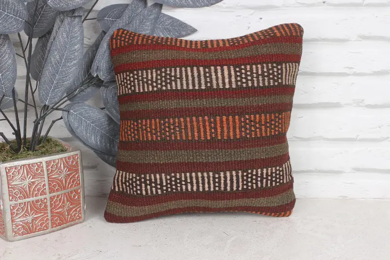 Kilim Cushion Sham, Retro Throw Cushion Cover, Vintage Kilim Throw Pillow, Boho Pillow Sham Cover, 12x12 Red Pillow Cover, Pillow - 1