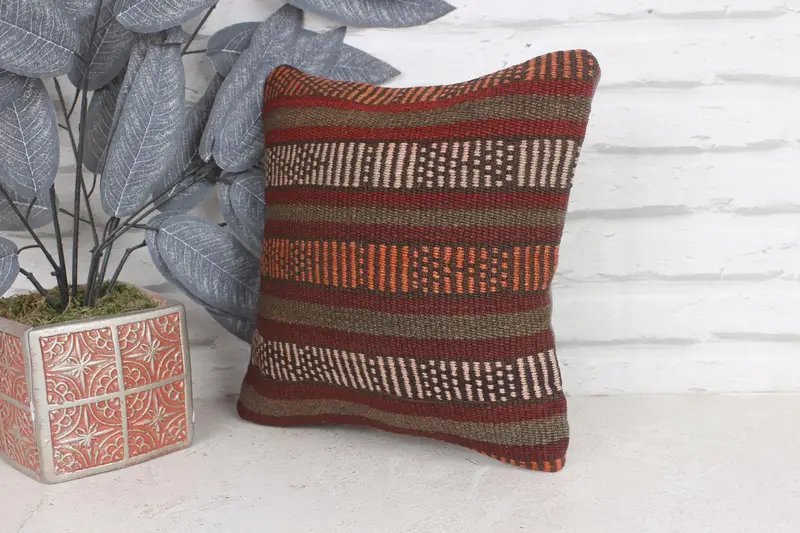 Kilim Cushion Sham, Retro Throw Cushion Cover, Vintage Kilim Throw Pillow, Boho Pillow Sham Cover, 12x12 Red Pillow Cover, Pillow - 3