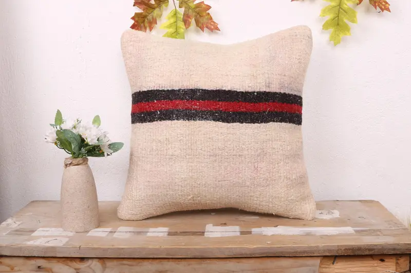 Vintage Pillow, 16x16 Beige Pillow, Handmade Cushion Case, Turkish Kilim Pillow, Southwestern Pillow Sham, Kilim Cushion Sham, Cushion Case - 1
