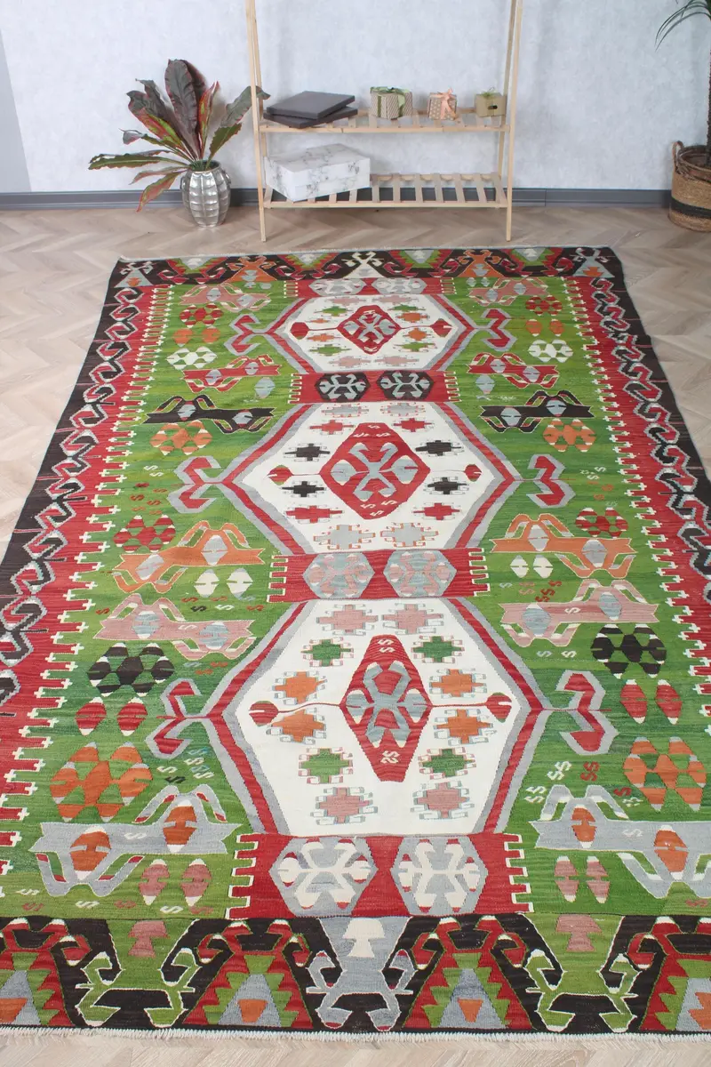 Turkish 6.2x10.8 ft Large Rug, Vintage Rug, Kilim Green Plants & trees Rug - 1