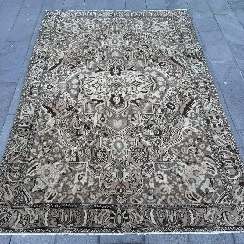 Vintage Turkish Large Rug 6.6x9.4 ft, Gray Brown Floral Wool Rug - 1