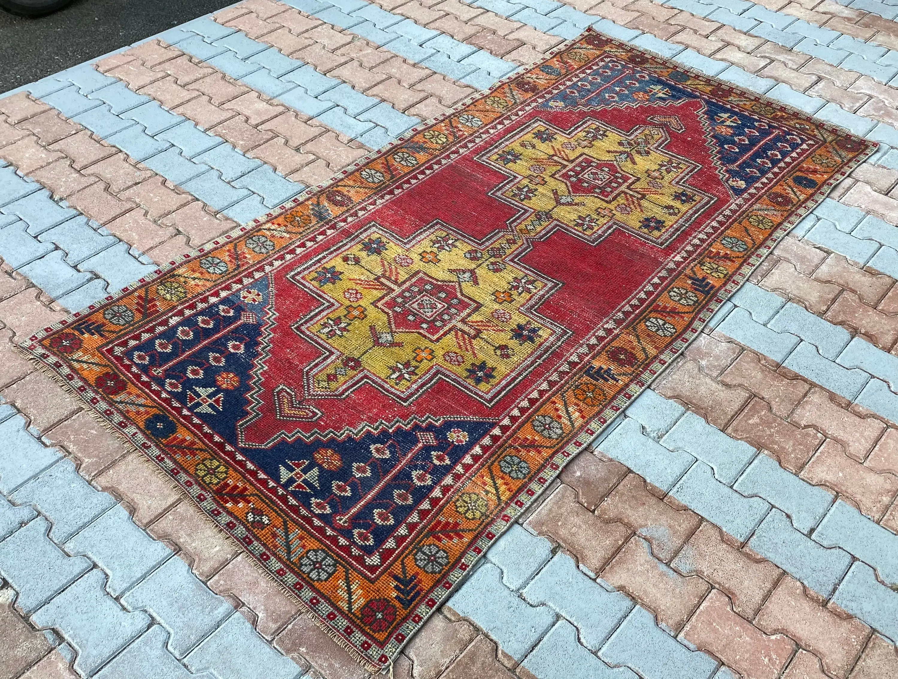 Vintage Turkish Area Rug 4.2x8.4 ft (128x256 cm), Red Floral Rug - 1