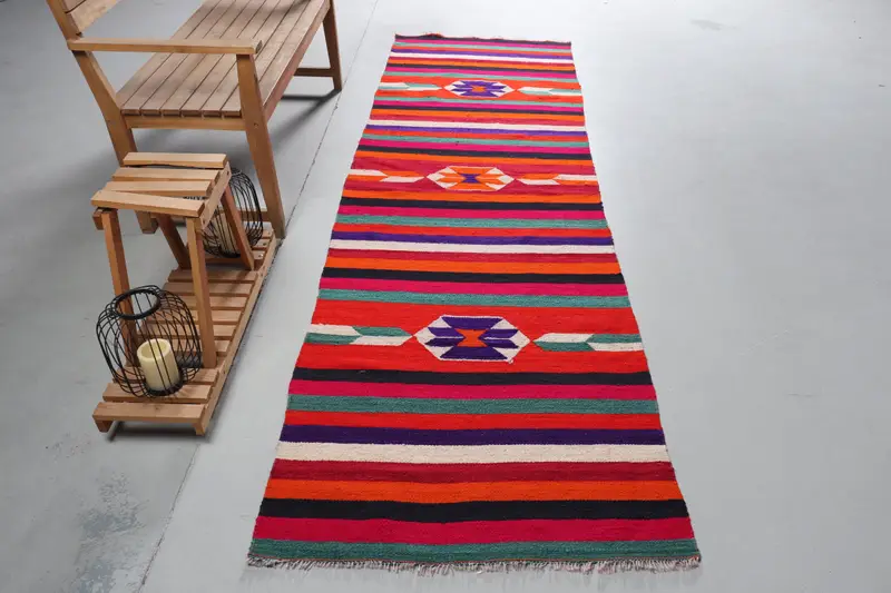 Alfombra de corredor vintage de 3,1x9,8 pies, alfombra de lana oriental turca verde rojo - 1