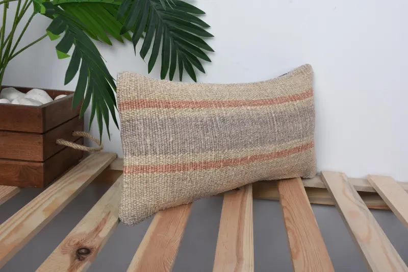 Vintage Kilim Throw Pillow, Pillow Case, Office Chair Pillow, Boho Pillow, Ethnical Kilim Rug Pillow, 8x16 Beige Cushion Cover - 4