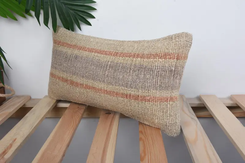 Vintage Kilim Throw Pillow, Pillow Case, Office Chair Pillow, Boho Pillow, Ethnical Kilim Rug Pillow, 8x16 Beige Cushion Cover - 5
