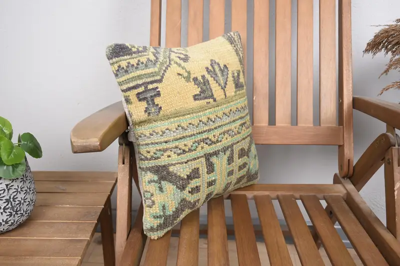 Indoor Cushion Cover, 14x14 Yellow Cushion Cover, Vintage Pillow, Knitted Pillow, Pillow for Couch, Kilim Pillow, Pet Pillow Case, Cushion - 2