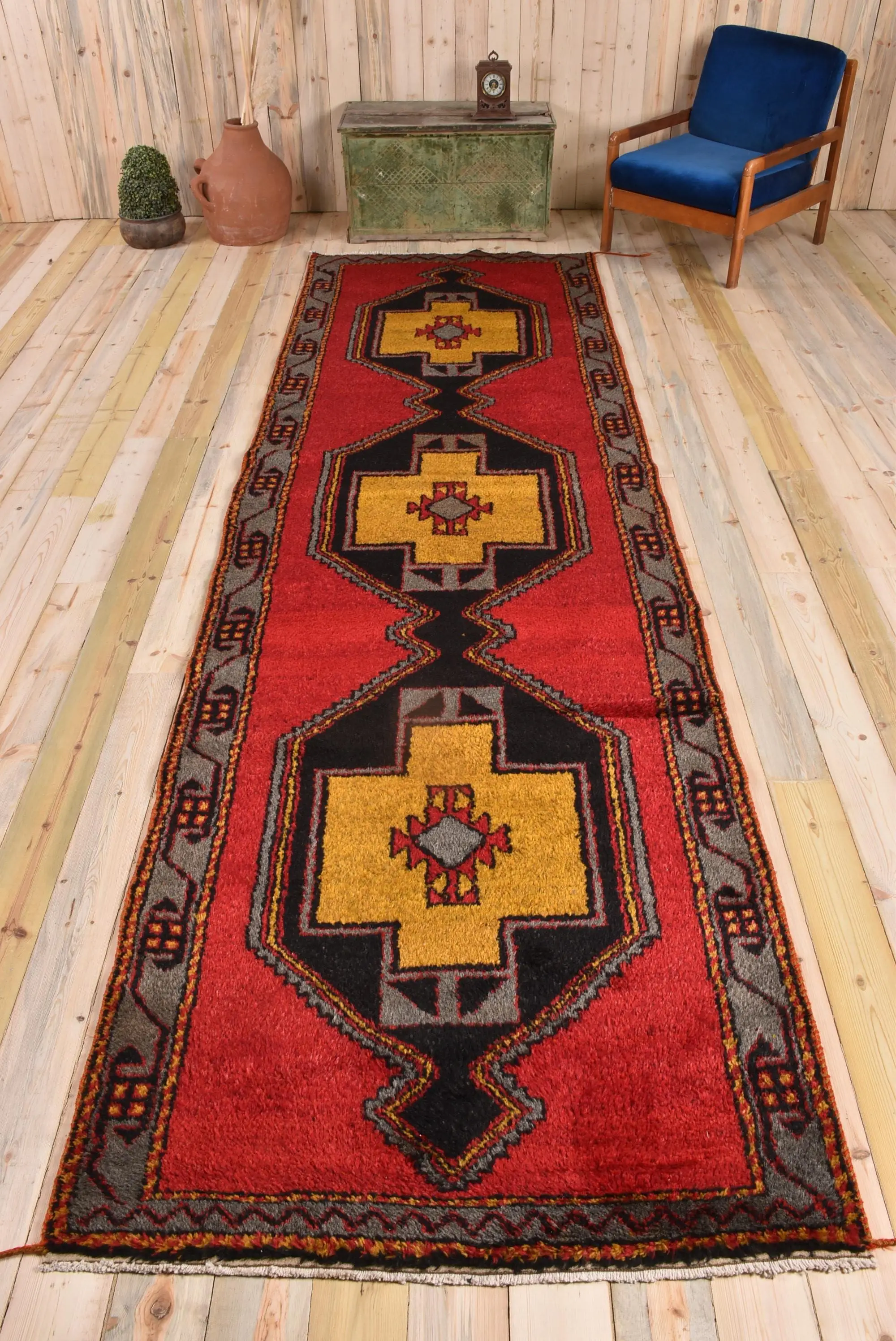 Turkish Vintage Runner Rug 4x13.6 ft, Red Southwestern Rug Wool - 1