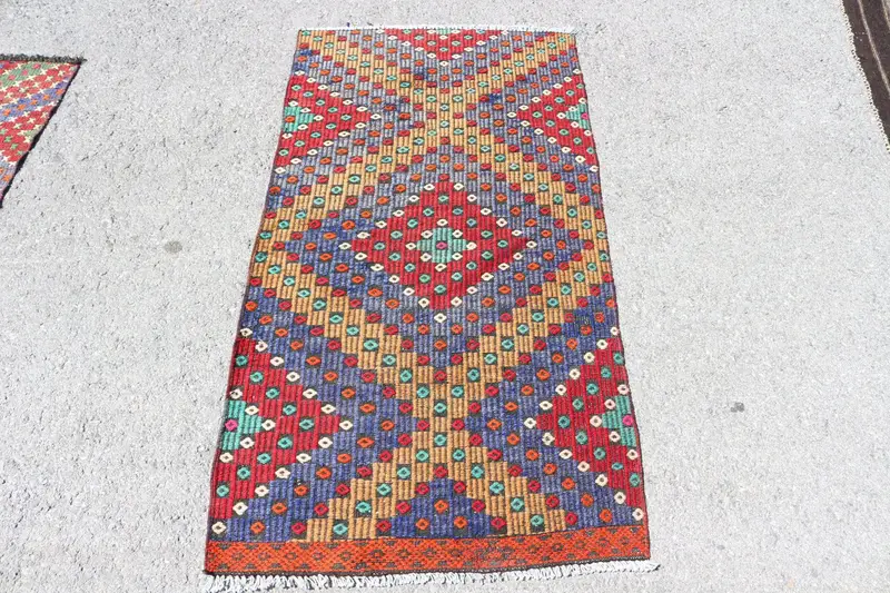 Türk Küçük Halı 2.5x4.7 ft, Kırmızı Mavi Ombré Halı Yün - 1