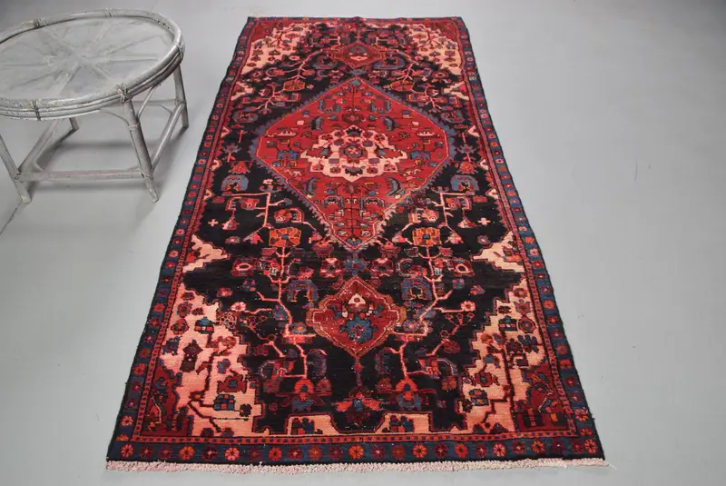 Vintage 3.9x8.2 ft Rug, Area Turkish Rug, Red Plants & trees Wool Rug - 1