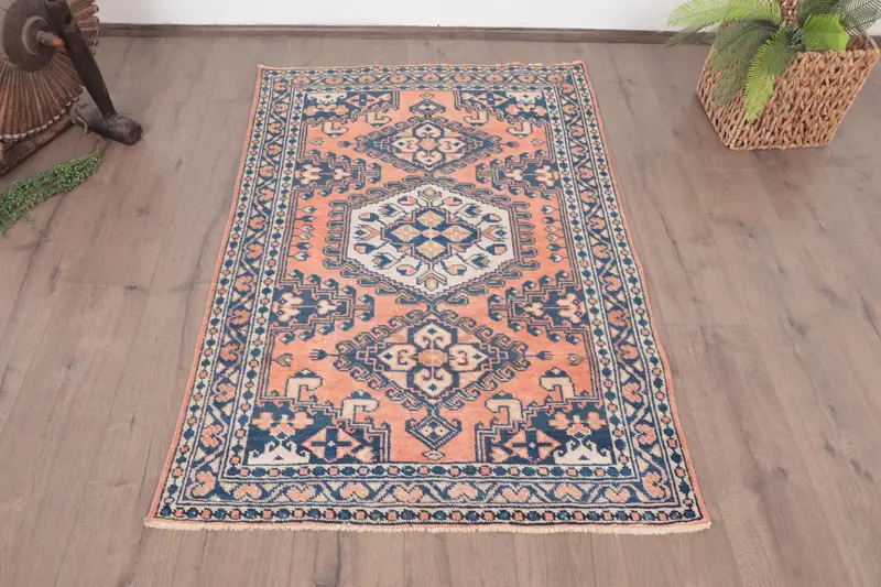 Turkish Vintage Accent Rug 3.2x4.9 ft, Oushak Blue Wool Rug - 1