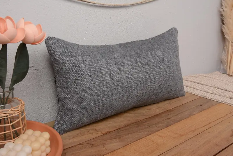 Handmade Embroidered Gray Throw Pillow, Versatile Rectangle Pillow