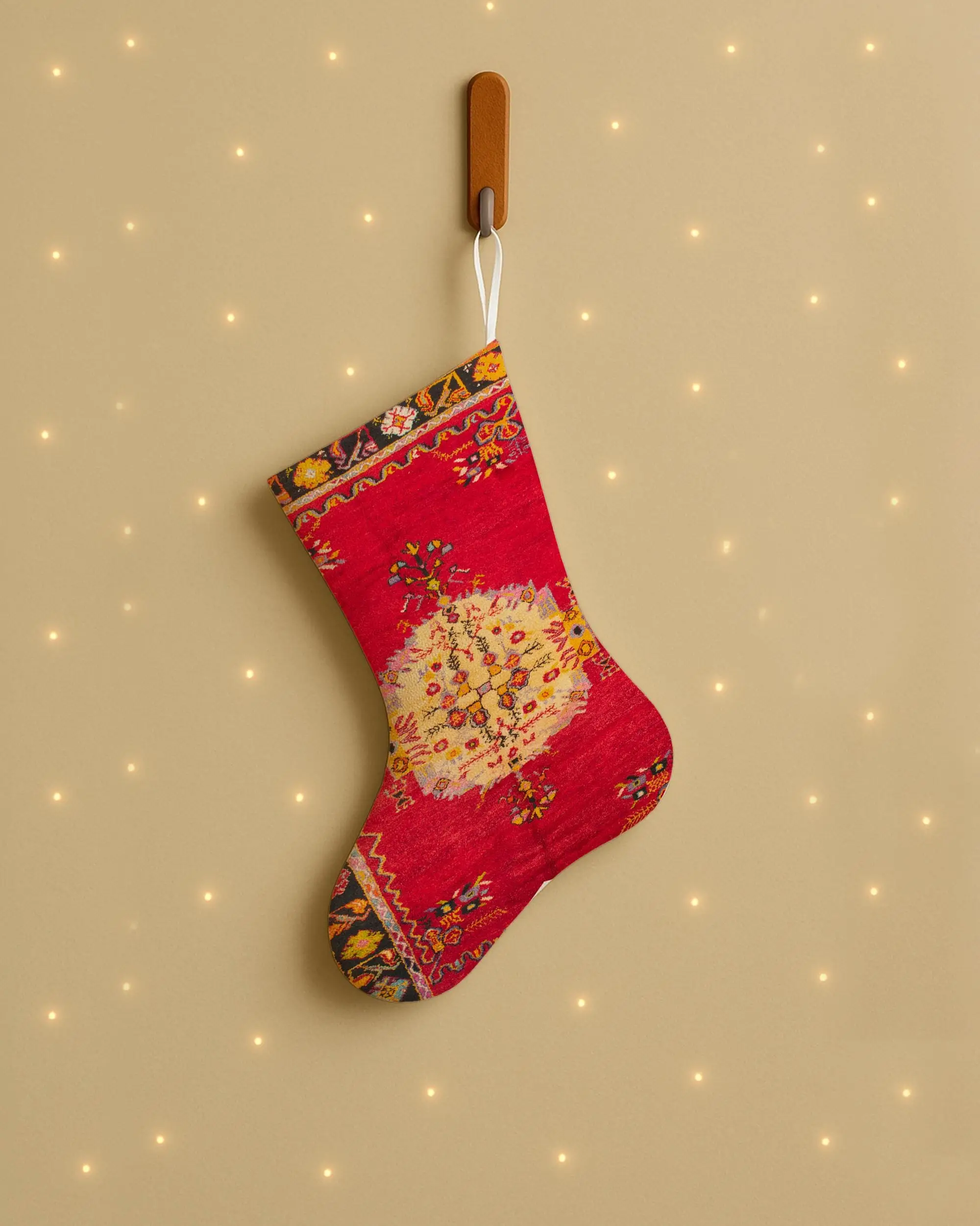 Şenlikli Kırmızı Noel Çorabı, Bej Süsler Desenli Noel Çorabı - 1