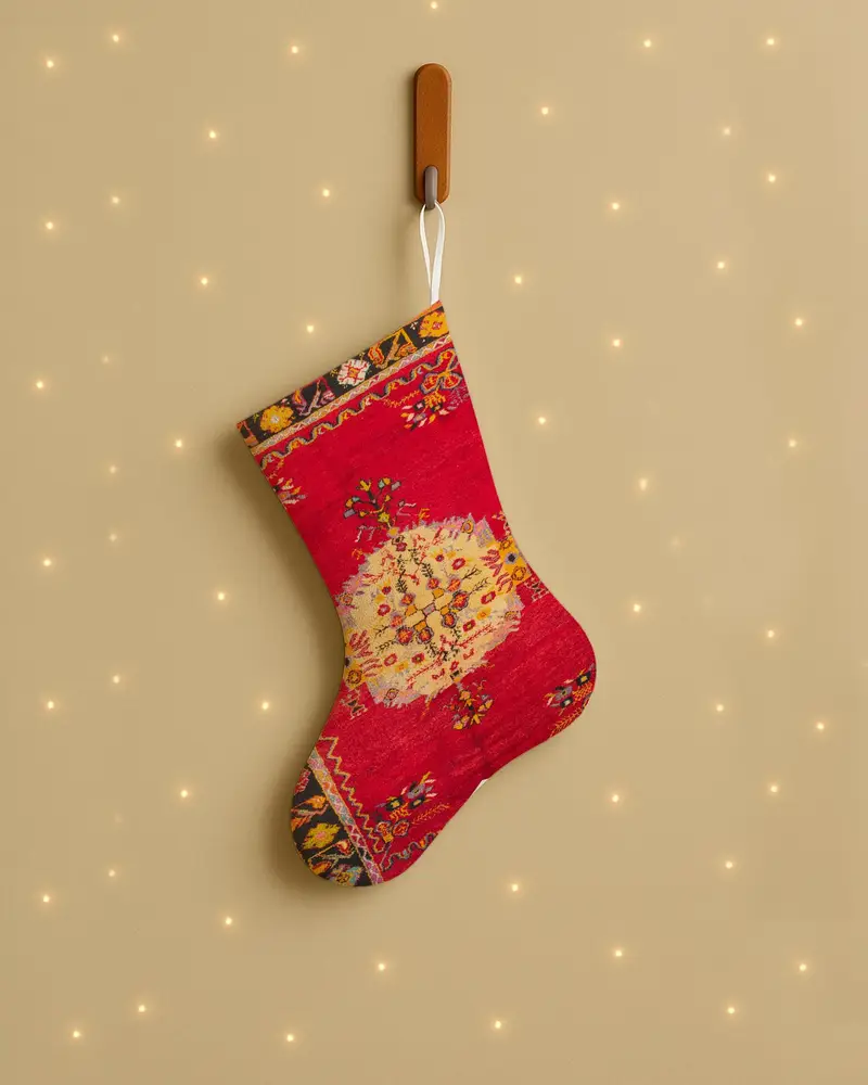 Festive Red Christmas Stocking, Beige Ornaments Pattern Christmas Stocking